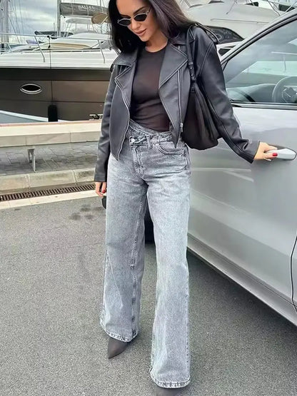 HH Women Vintage Cross Waist Wide Leg Jeans High Waist Asymmetrical Button Fly Baggy Denim Pants For Retro Street Style